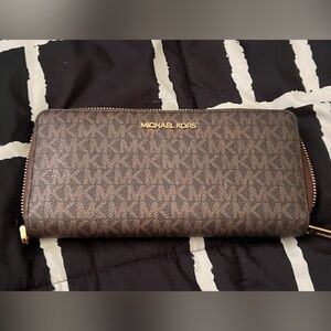 Michael Kors Brown MK Logo Zip-Around Wallet with Gold Hardware